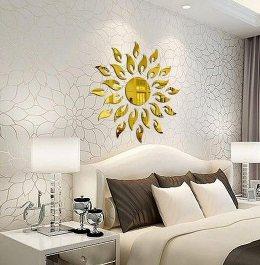 3D Wall Mirror Sticker Sun flame Gold - Shaaz